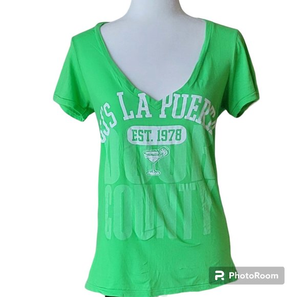 Lime Green Marguerita Graphic Deep V Tee J.J.'s La Puerta Womens Size M New - Picture 1 of 5